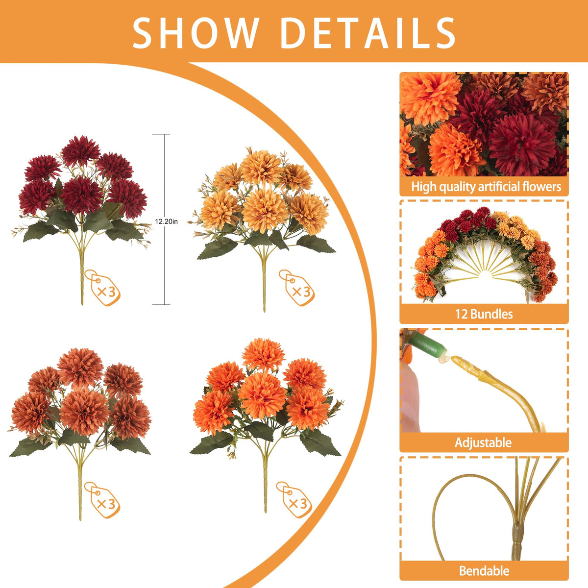 Artificial Mums Flowers for Outdoors Outside Decorations (3 Orange,3 Burnt Orange,3 Red,3 Yellow / 12PCS)
