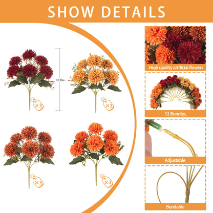 Artificial Mums Flowers for Outdoors Outside Decorations (3 Orange,3 Burnt Orange,3 Red,3 Yellow / 12PCS)