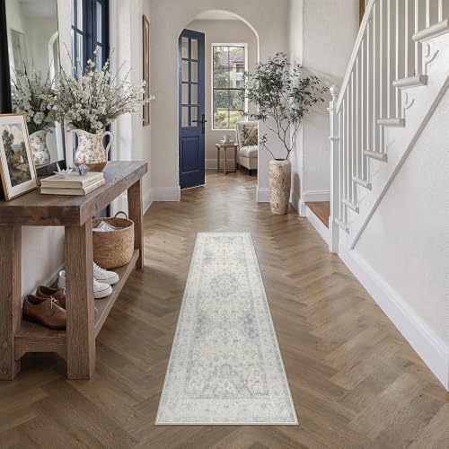 2x5 Blue Washable Runner Rug Non Slip Vintage Carpet (Vintage | Blue / 2' x 5' (Runner))