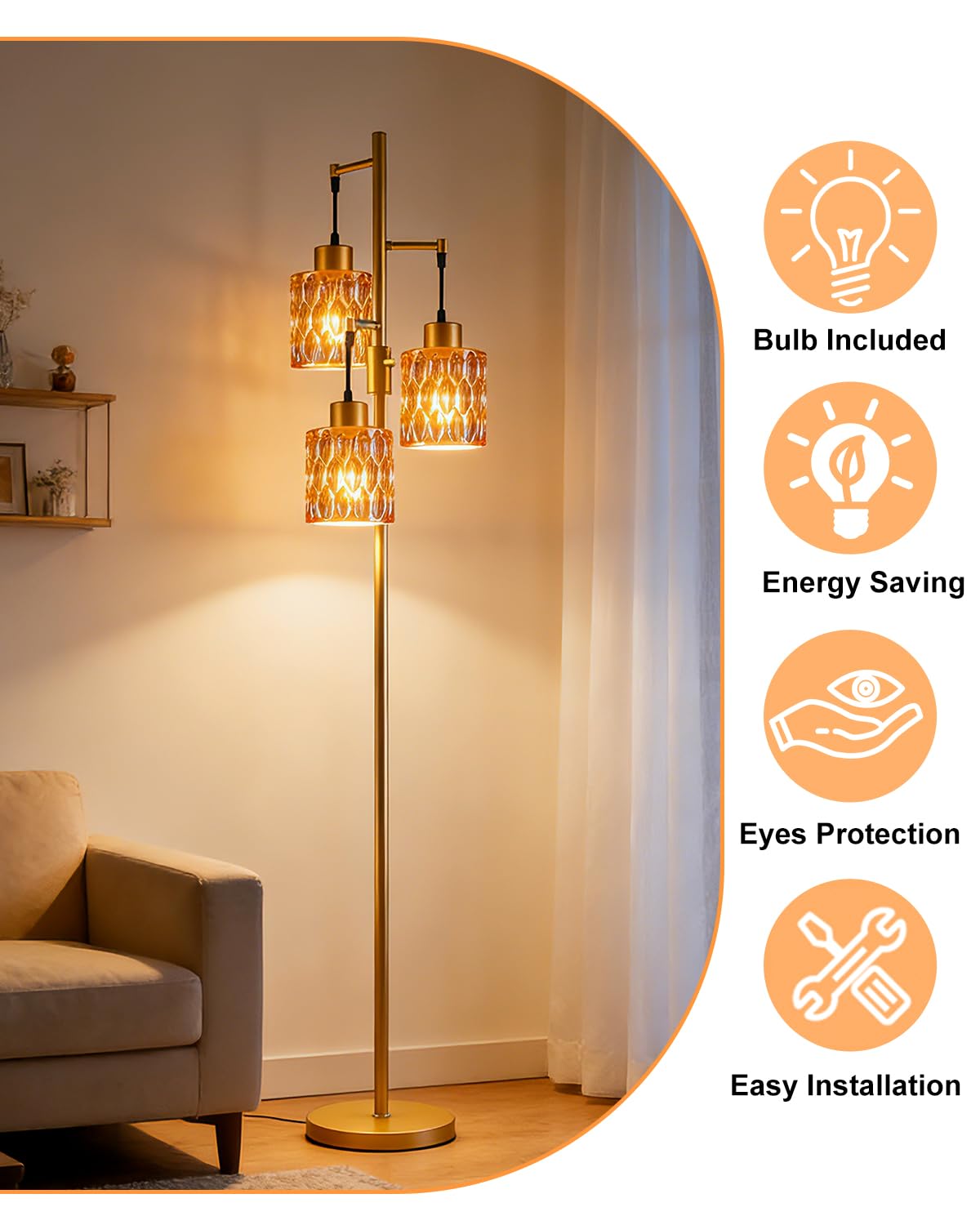 Amber Glass Floor Lamp Farmhouse Mid Century Standing Tall Lamp (Amber-86G)