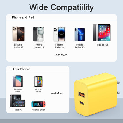 USB C Charger Block Fast Charging Block Type C Charger Multiport Adapter (Yellow / 20W3Pack)