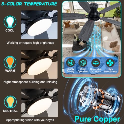 52 Inch Flush Mount Ceiling Fan with Display Remote (Black SY66-52IN)