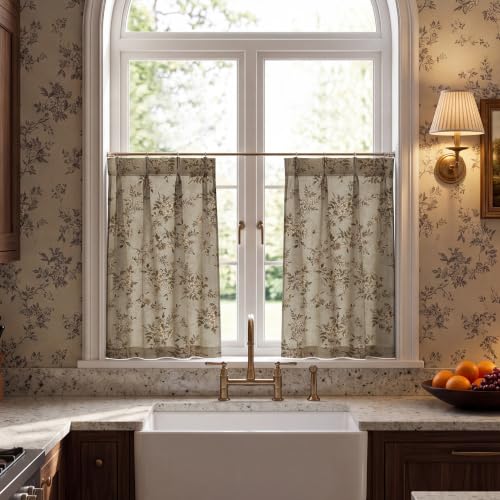 Floral Linen Tier Curtains for Small Window (Ivory / 26"W x 36"L (Pack of 2))