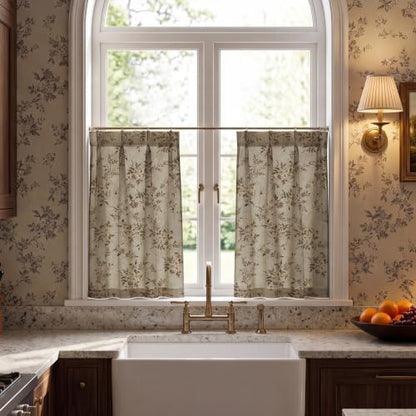 Floral Linen Tier Curtains for Small Window (Ivory / 26"W x 36"L (Pack of 2))