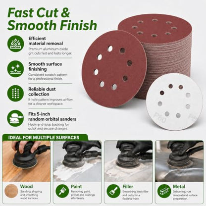 100 Pcs 5 Inch 8 Hole Sanding Discs (100 Grit)