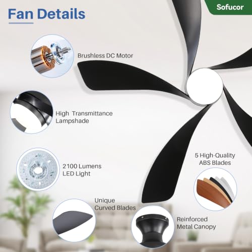 52 Inch Smart Ceiling Fans with Lights and Remote (Black / 52inch Max)
