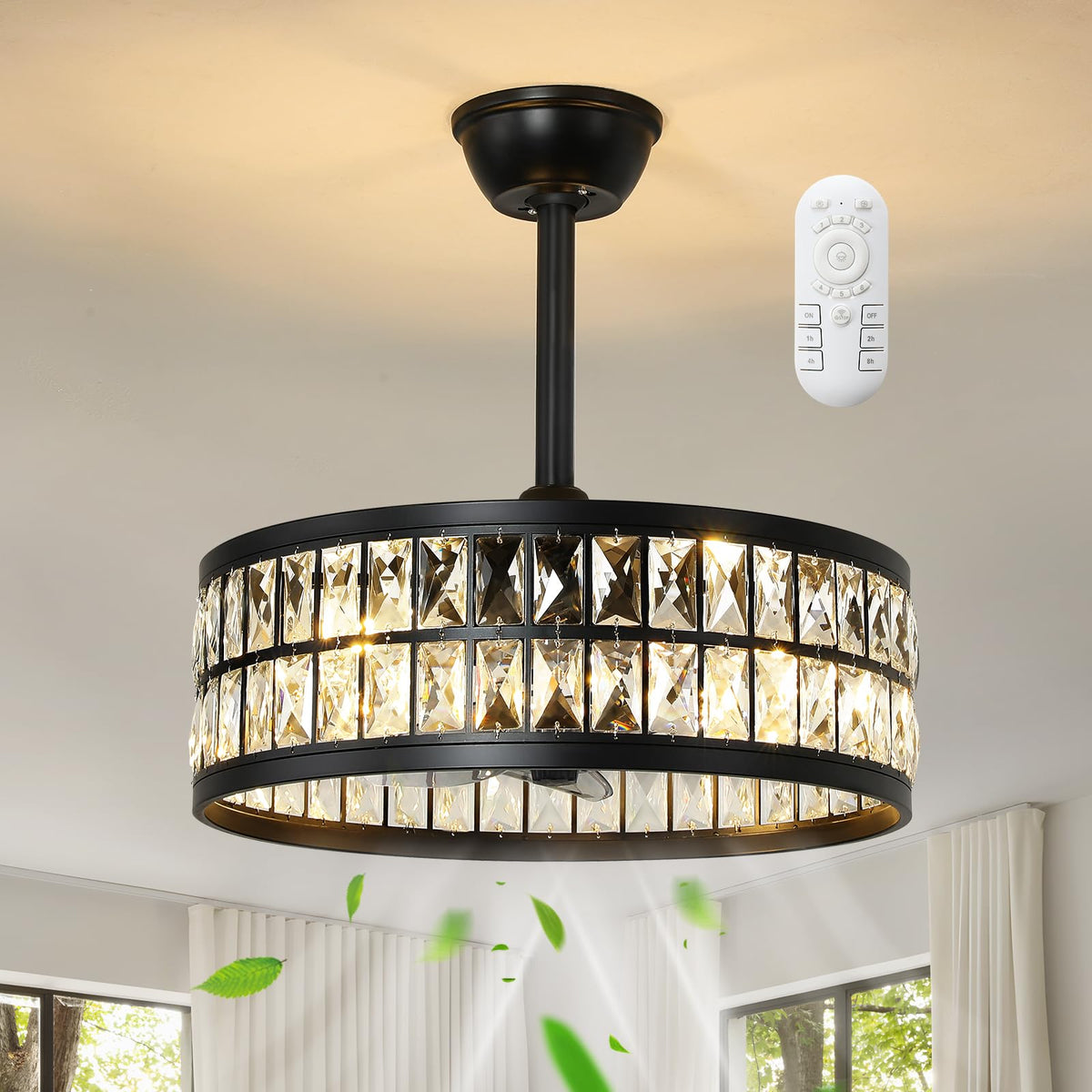 Black Caged Ceiling Fan with Light and Remote Control 19" Bladeless Crystal Modern Fandelier Semi Flush Mount Farmhouse Chandelier Ceiling Fan for Kitchen Bedroom Dining Room (Black)