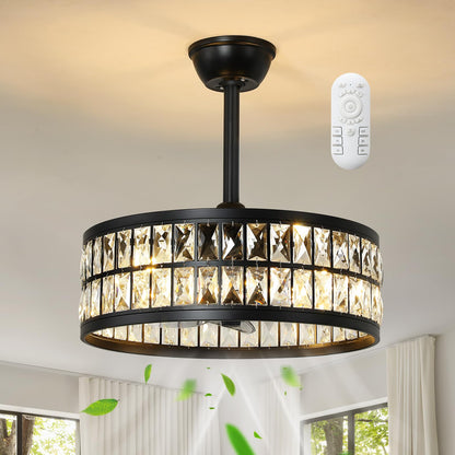 Black Caged Ceiling Fan with Light and Remote Control 19" Bladeless Crystal Modern Fandelier Semi Flush Mount Farmhouse Chandelier Ceiling Fan for Kitchen Bedroom Dining Room (Black)