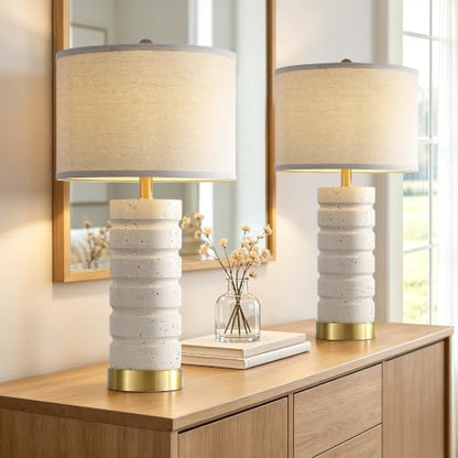 26" Modern Table Lamp Set of 2 Resin Lamp with Natural Stone Look