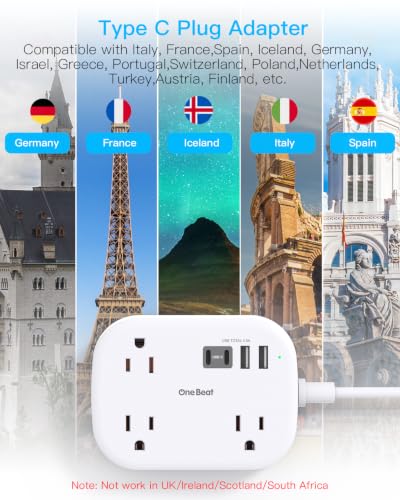 European Travel Plug Adapter with 3Ft Extension Cord