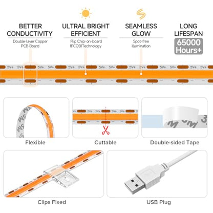 FCOB 5V USB Powered Orange Color COB LED Strip Lights for TV (Orange / 6.56FT)