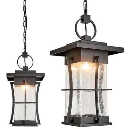 Outdoor Pendant Light Black Mission Style Hanging Lantern with Seeded Glass Waterproof Outdoor Ceiling Mount Light