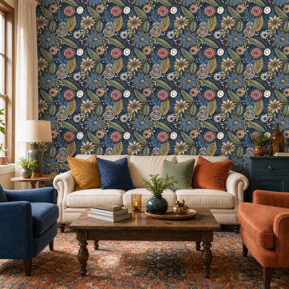 Vintage Dark Blue Boho Floral Peel and Stick Wallpaper 17.4"x78.8" (Blue with Pink / 17.4" x 78.8")
