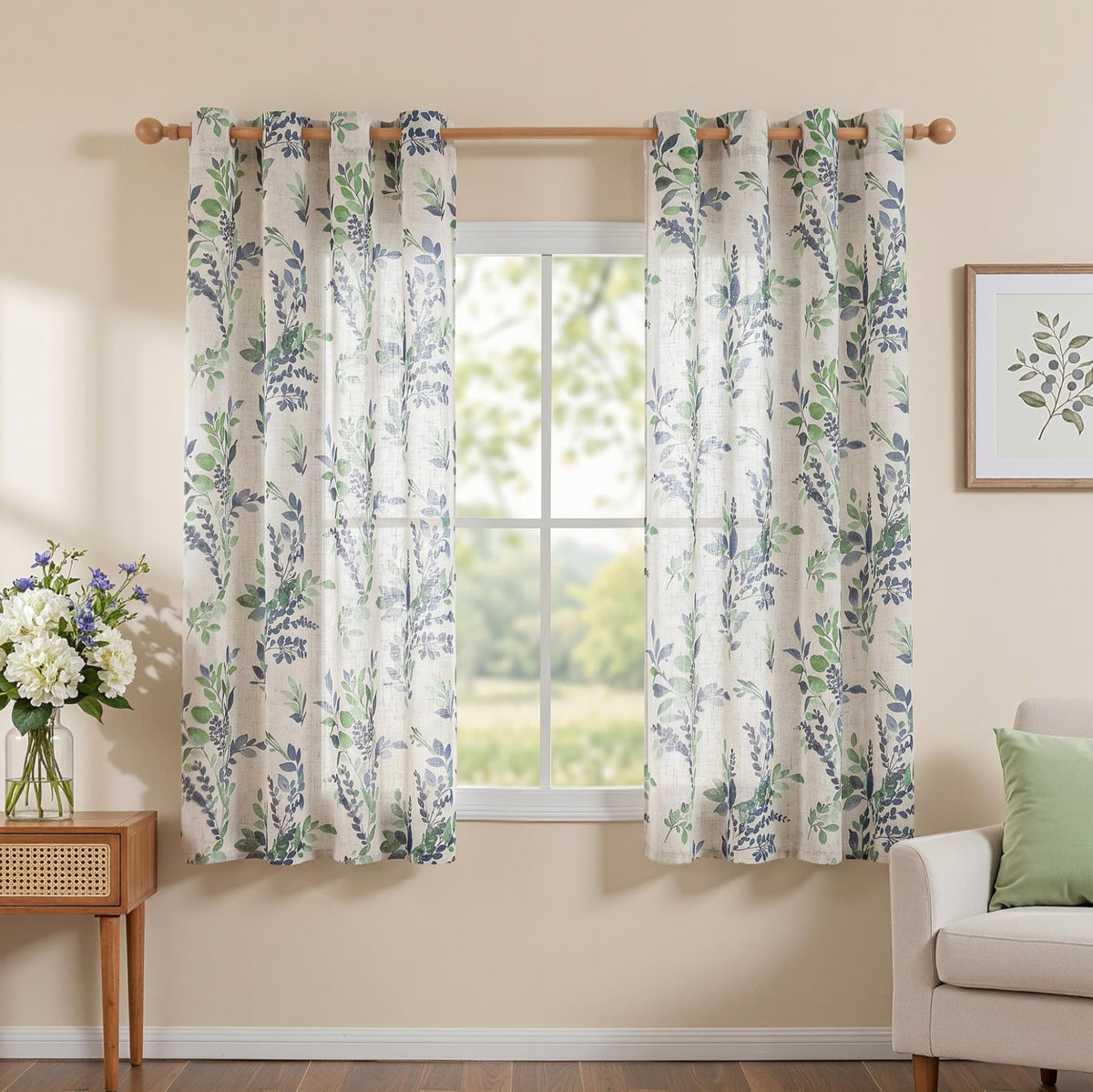 Floral Linen Curtains 54 inch Length 2 Panels Set Leaf Patterned Semi Sheer Light Filtering Privacy Farmhouse Grommet Drapes for Bedroom Small Window (B-green / 52"W x 54"L (Pack of 2))