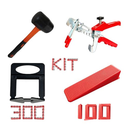 4-in-1 Tile Leveling System Kit, including tile spacers, reusable wedges, heavy-duty pliers, and a non-scratch rubber mallet; suitable for installing all types of tiles and stone
