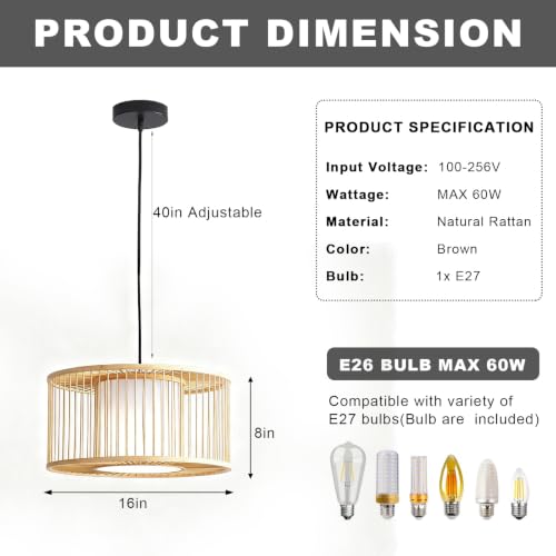 Bamboo Pendant Light fixture Adjustable Height Rustic Farmhouse Chandelier for Dining Living Room Included Bulb