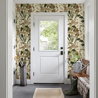 Beige Floral Bird Peel and Stick Wallpaper for Cabinet 17in x 118in (Floral-5 / 16.9" x 118.1")