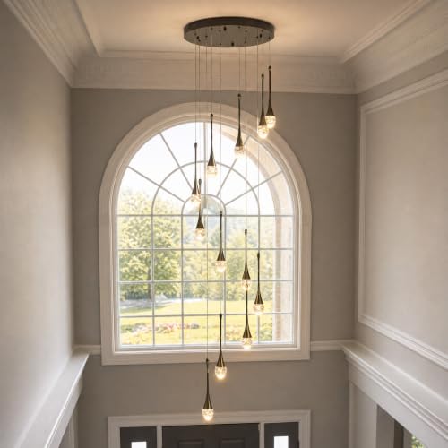 Crystal Chandelier for High Ceiling Foyer Entryway Living Room Staircase Adjustable Height LED Dimmable 2700