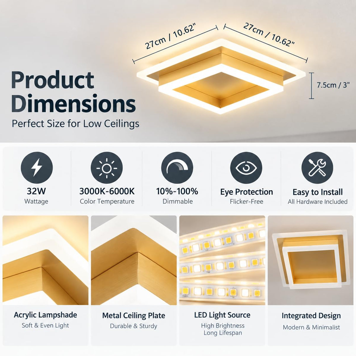 Modern LED Ceiling Light (Gold / 10.62 Inches)