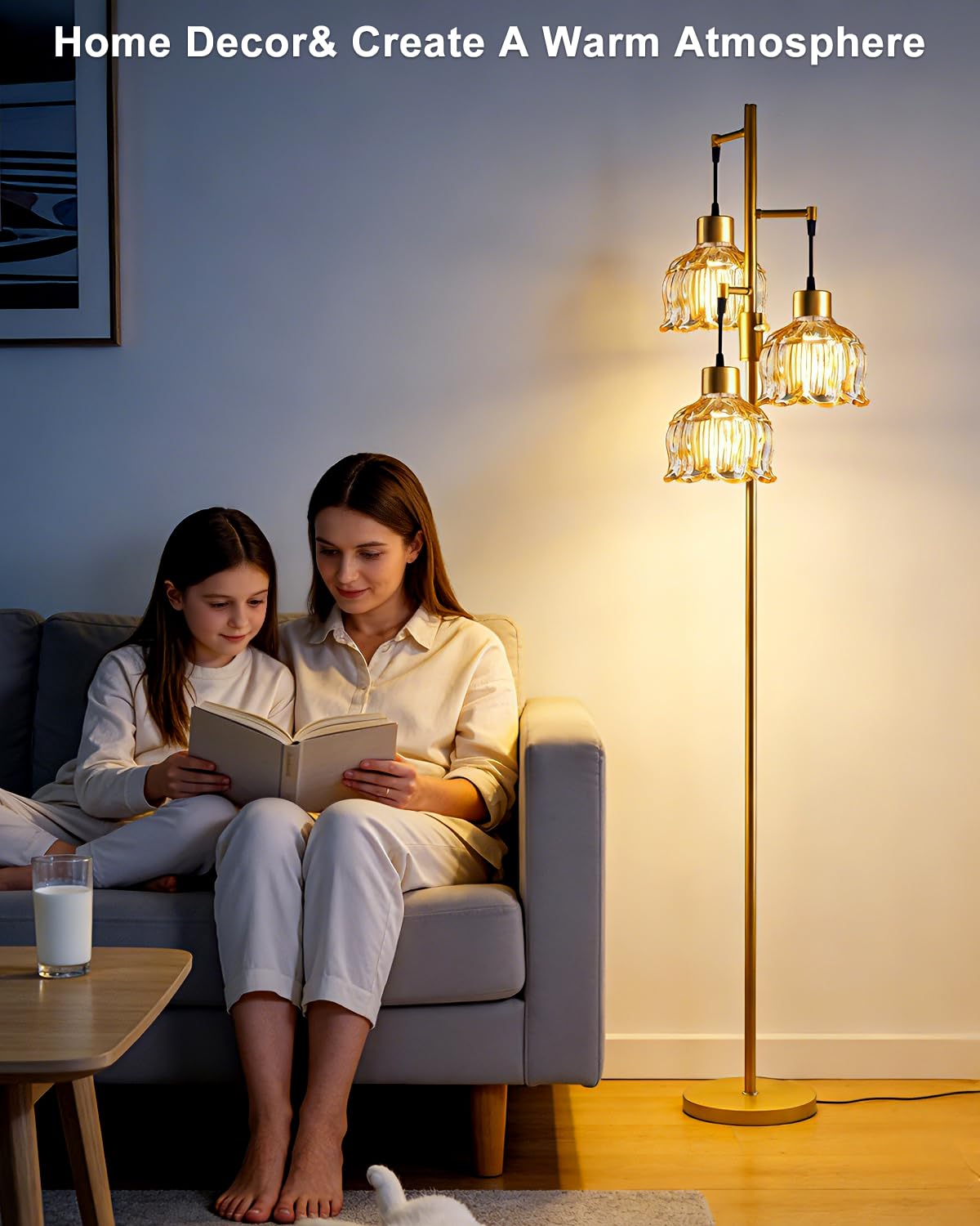 Amber Glass Floor Lamp Dimmable with LED Bulbs & Flower Shade (Amber-86I)