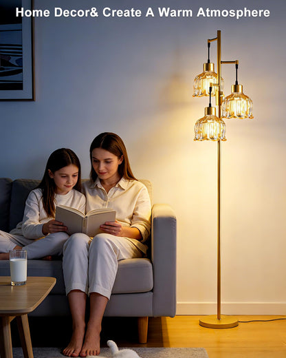 Amber Glass Floor Lamp Dimmable with LED Bulbs & Flower Shade (Amber-86I)