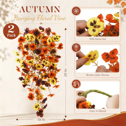 2Pcs Fall Pansies Flowers Artificial with 2'' Large Flower Heads (Yellow/Orange/Burgundy Pansy Flowers)