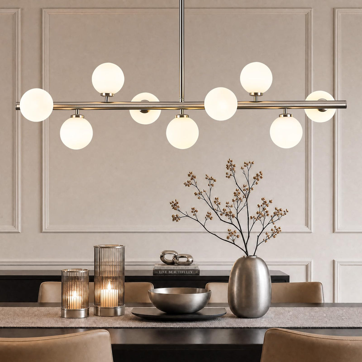Linear Sputnik Dining Chandelier (Nickel + White / 9-Light 40 Inch)