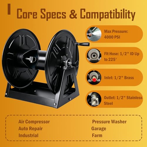 Air Tool Hose Reels 4000 PSI Heavy Duty Hand Crank Air Hose Reel
