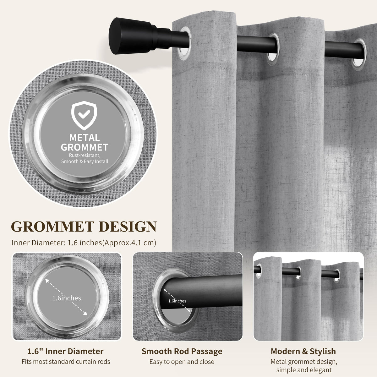 Grey Grommet Linen Curtains 84 Inches Long for Living Room (Grey / 52"W x 84"L (Pack of 2))