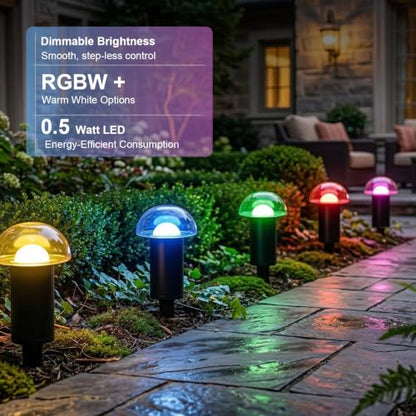 Smart Color Changing Low Voltage Landscape Path Lights 12V AC Mushroom Pathway Lights with Clear Glass Top Metal Body and Stakes Connectors Included