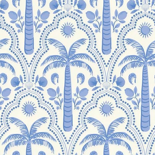 17.7"x78.7" Tropical Peel and Stick Wallpaper Blue Coastal Palm Tree Seashells Shrimp Ocean Pattern Wall Paper for Bedroom Bathroom Playroom Removable Self (Blue / 17.7" x 78.7")