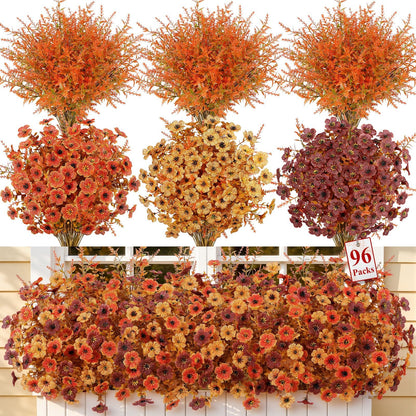 96Pcs Artificial Fall Flowers UV Resistant Fake Mums for Outdoors (Orange Yellow Brown)