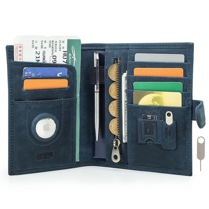 Full Grain Leather Passport Holder Compatible with Airtag RFID Blocking Passport Wallet Travel Slim Passport Cover with SIM Card Removal Tool (Blue / Plain- Snap)