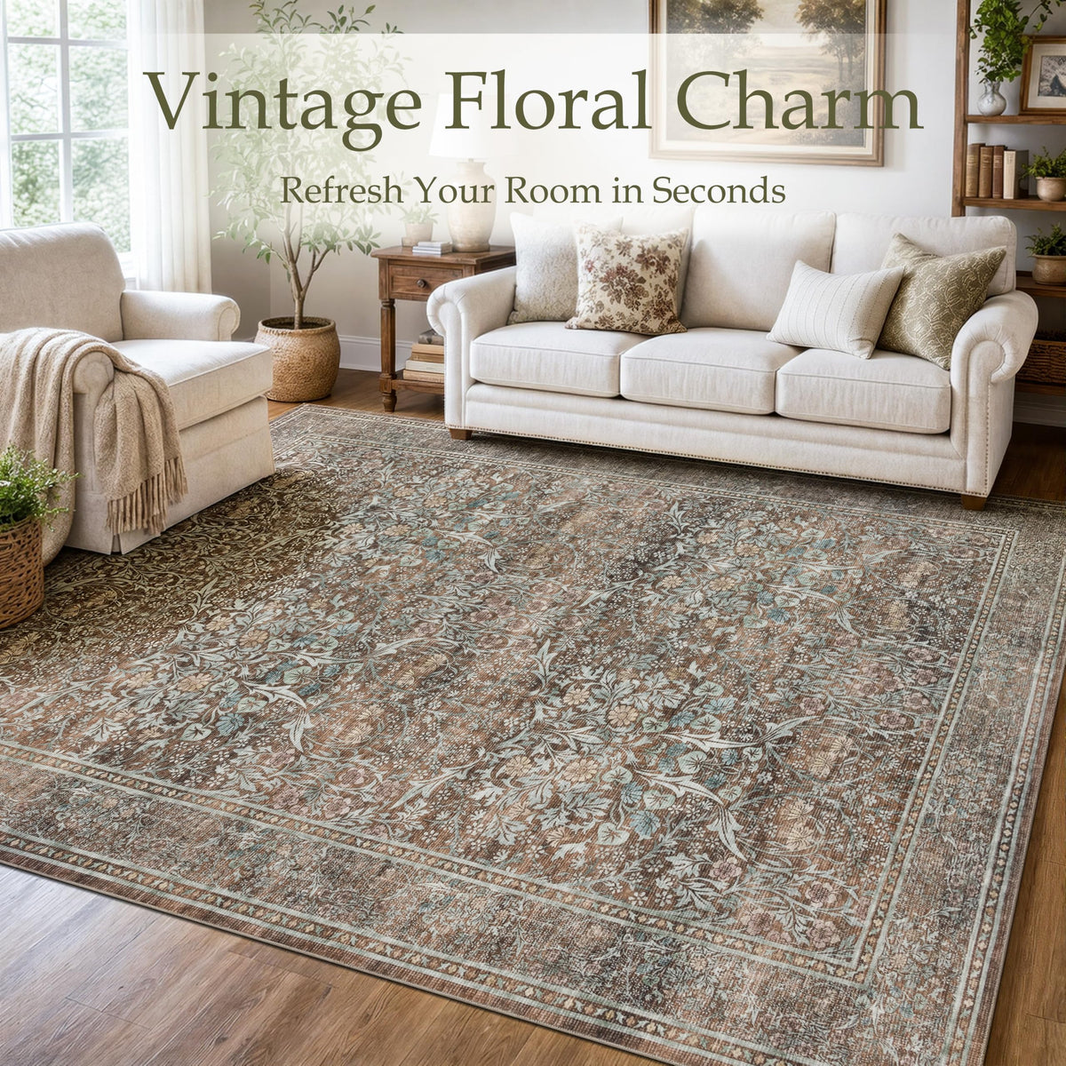Runner Rug 2x10 Washable Vintage Floral Rug (Vintage Brown / 2' x 10' (Rectangular))