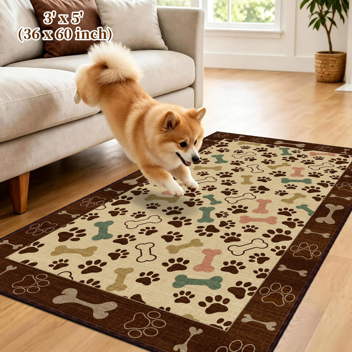 Waterproof 3x5 Runner Rug Non Slip Floor Runners for Dogs (Paw Beige / 3' x 5' (Runner))