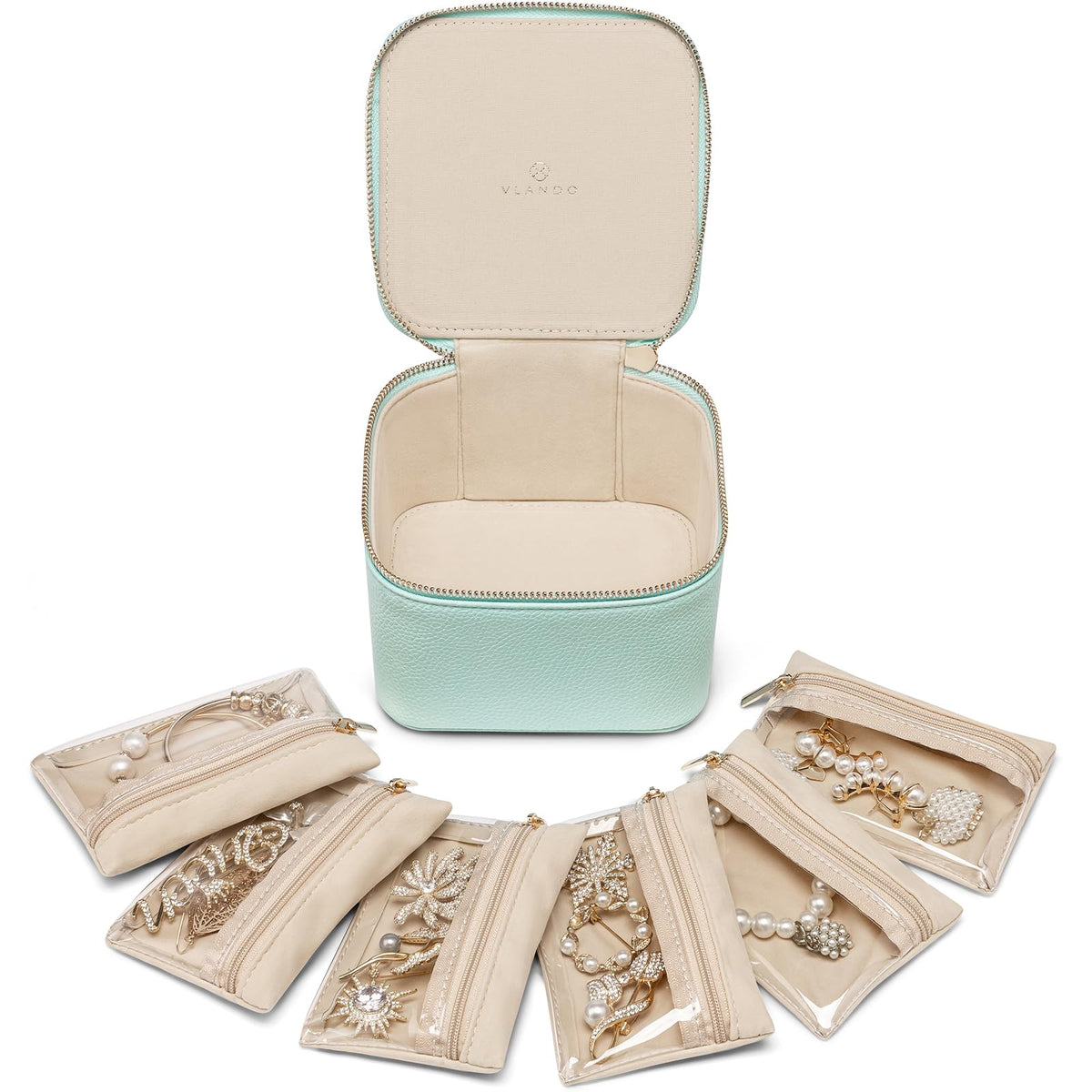 Jewelry Box with 6 Clear Velvet Zipper Pouches (E.6 PCS Lake Blue)