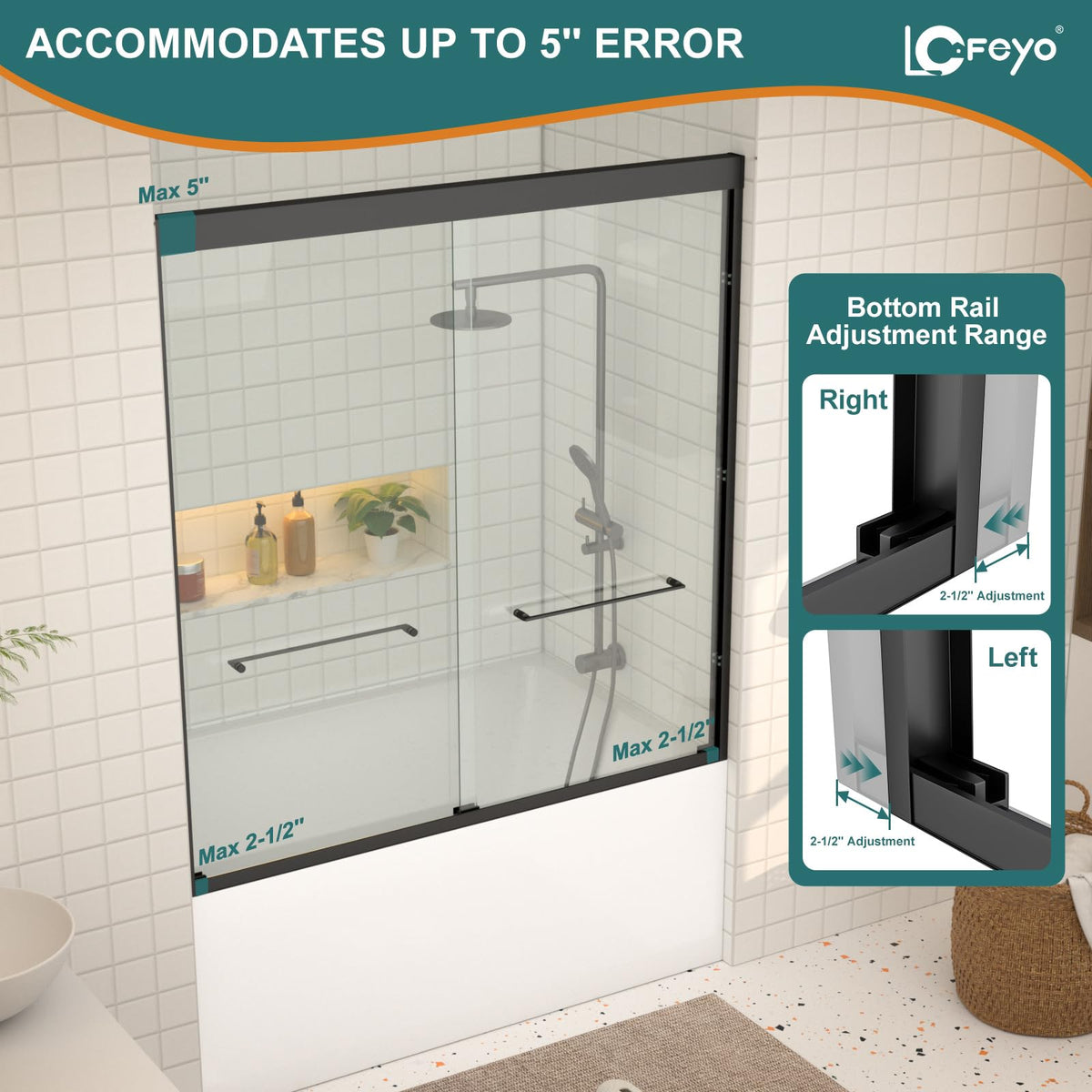 Double Sliding Glass Bathtub Shower Door 55 (Black / 60''x62'')