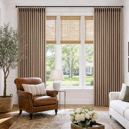 Pinch Pleated Rust Brown Flax Linen Semi Sheer Curtains 96 Inches Length (Rust Brown / 40"W x 96"L (Pack of 2))