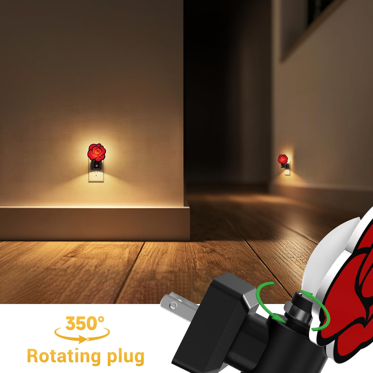 Night Lights Plug into Wall (Red Gothic Rose / 2 Pack)