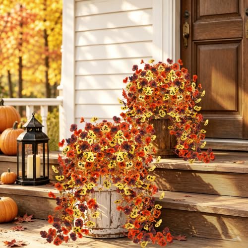 2Pcs Fall Pansies Flowers Artificial with 2'' Large Flower Heads (Yellow/Orange/Burgundy Pansy Flowers)