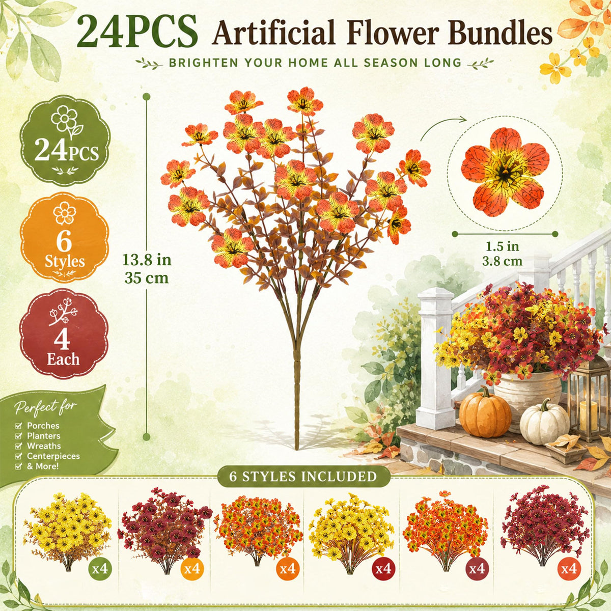 24Pcs Artificial Fall Flowers for Outdoors UV Resistant Decor