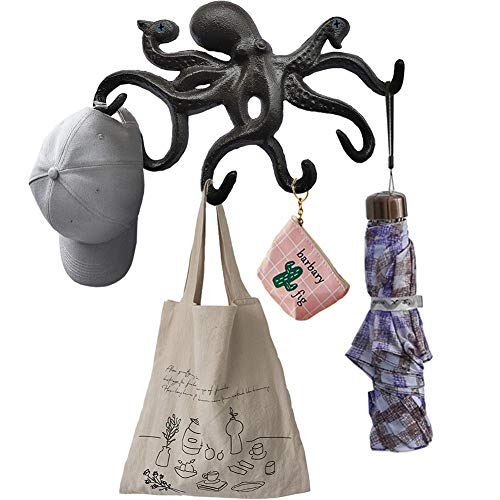 Cast Iron Coat Hooks Rustic Octopus Key Holder Heavy Duty Hooks Wall Mounted with 6 Tentacles for Keys