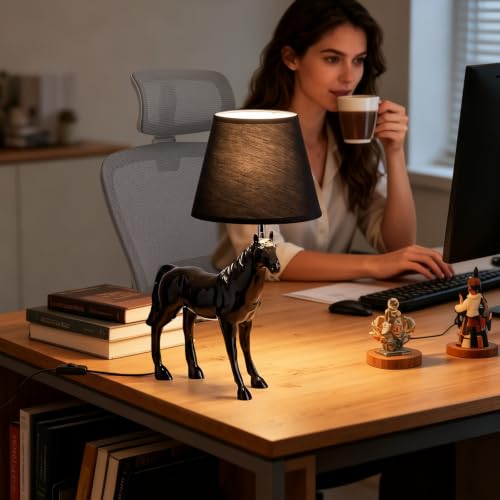 22" Tall Resin Horse Lamp 3 Color Adjustable Desk Lamp Horse Statue with Fabric Shade for Bedside Bedroom Nightstand Study Room