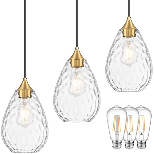 Glass Pendant Lights Kitchen Island 6" Pendant Light Fixtures Hammered Clear Glass Height Adjustable Modern Hanging Pendant Lights for Dining Room