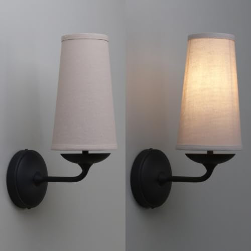 Vintage Wall Sconces Hardwired Boho Brass Finished Wall Lamps with Natural Linen Fabric Lampshade