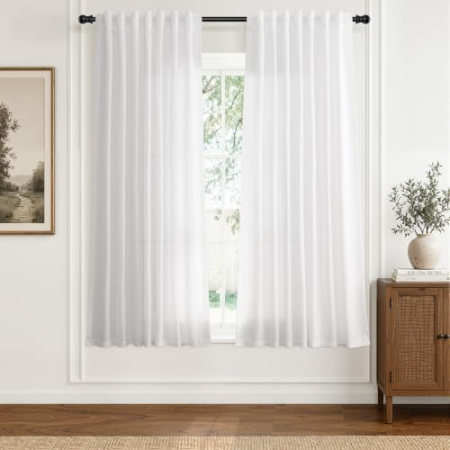 White Linen Curtains 63 Inches Long for Living Room 2 Panels (White / 52"W x 63"L (Pack of 2))