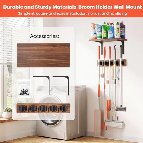 Broom Holder Wall Mount with Wooden Shelf