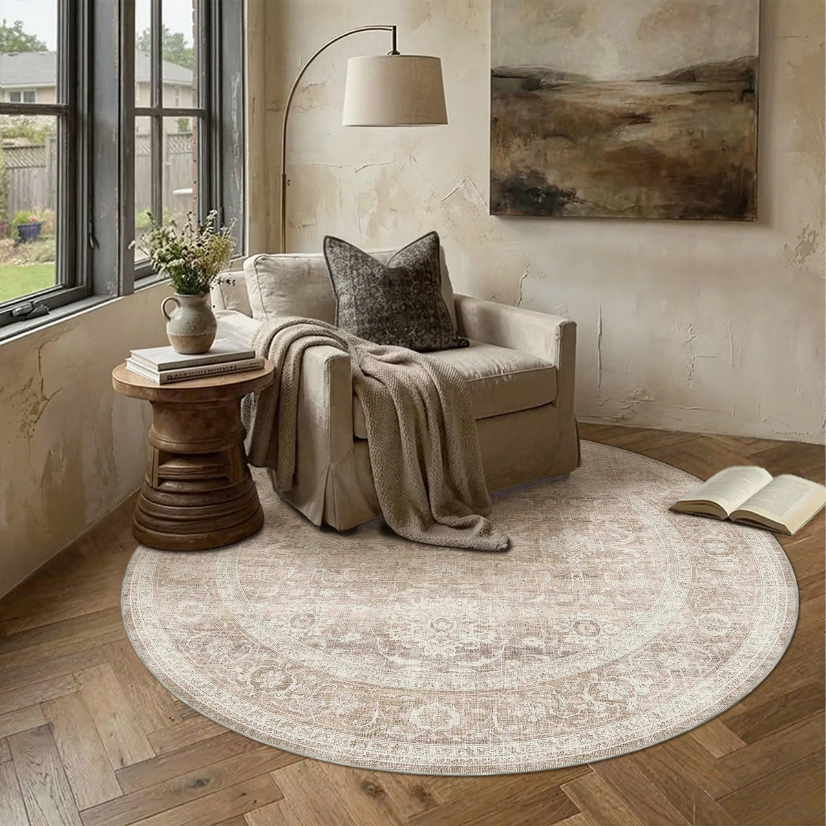 Beige Washable 3x3 Round Area Rugs for Living Room Bedroom (Retro | Beige / 3' (Round))