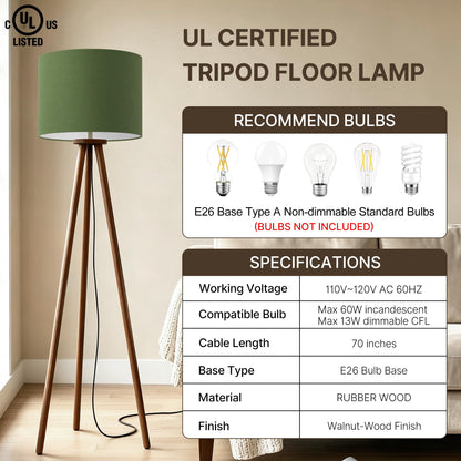 60.6 Inch Walnut Wood Tripod Floor Lamp with Linen Drum Shade (Green)