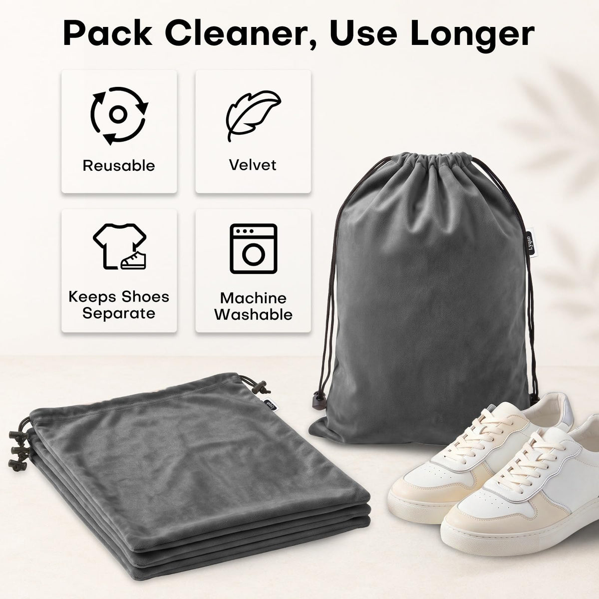 4 Pack Velvet Cloth Shoe Bags for Travel & Packing for Women & Men (Charcoal Gray)